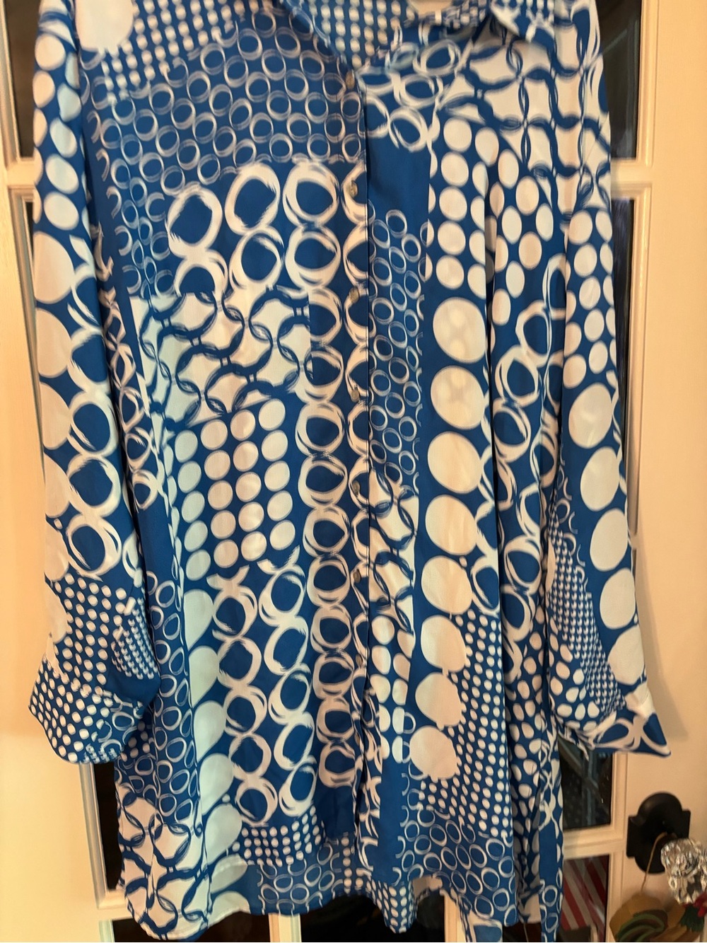 dennis basso Blue and White Graphic Polka Dot Blouse, Extra Large